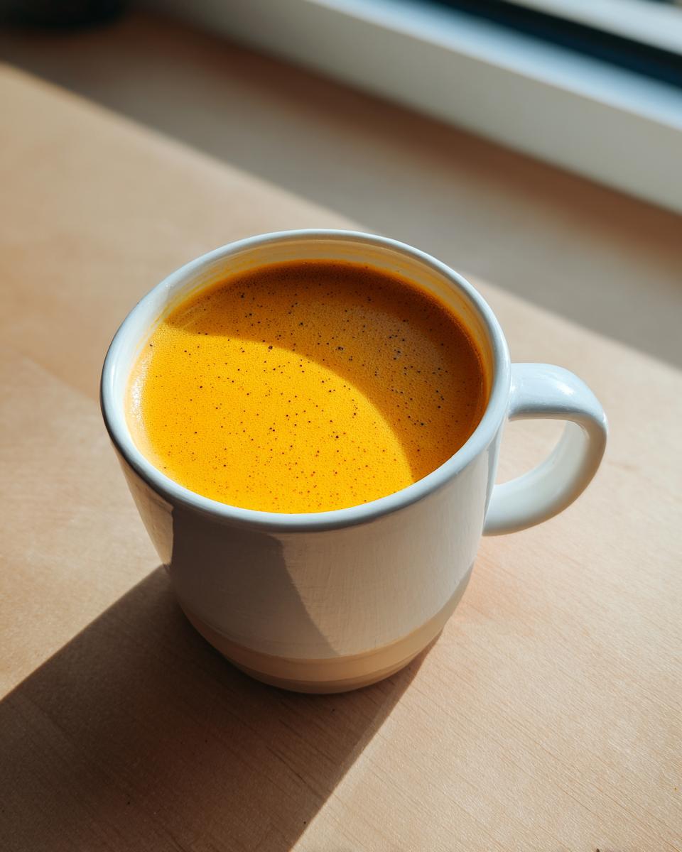 A white mug filled with bright orange, creamy squash soup, sitting on a wooden surface in sunlight.