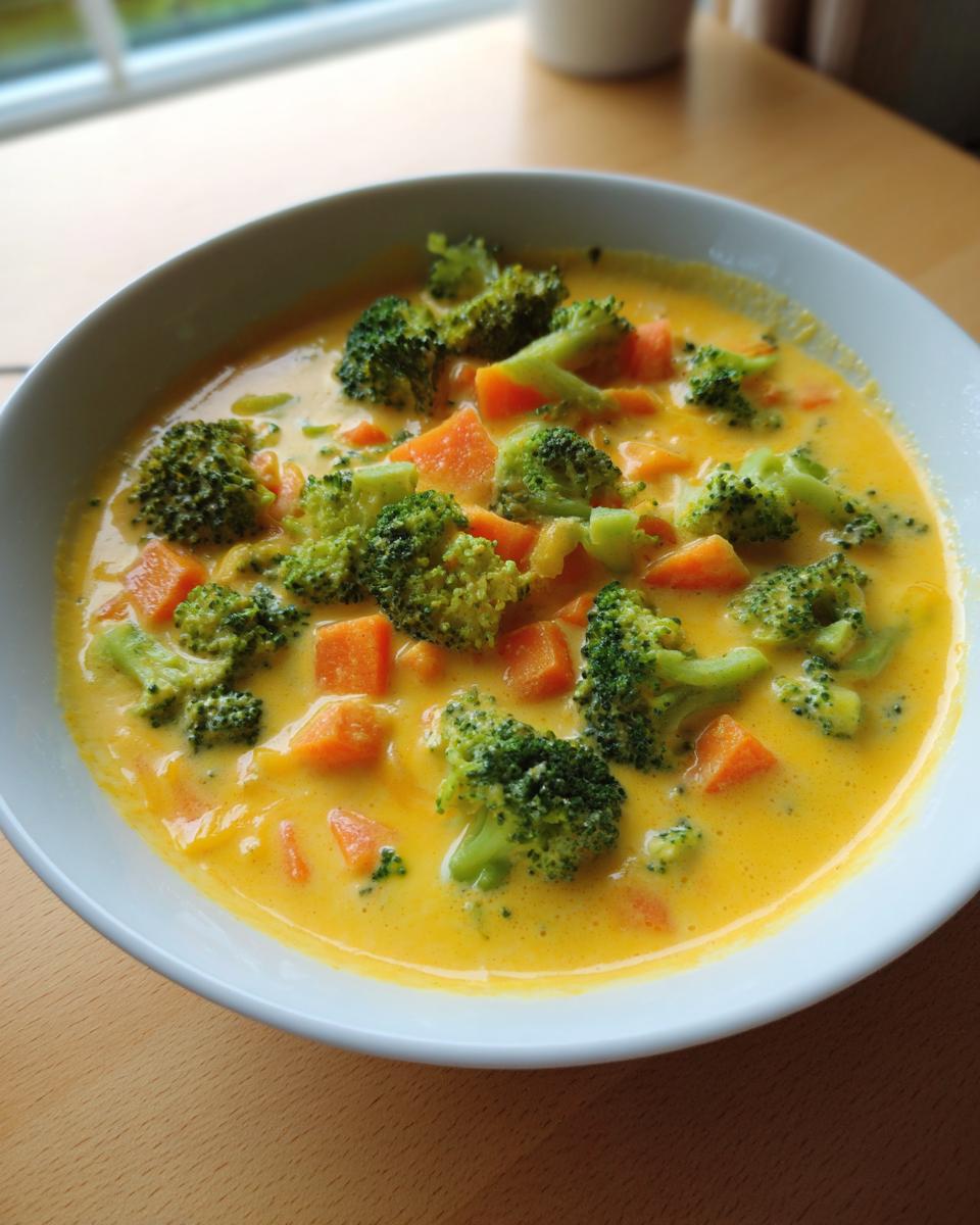 A close-up of a creamy, yellow bowl of broccoli cheddar soup featuring bright green broccoli florets and diced orange carrots.