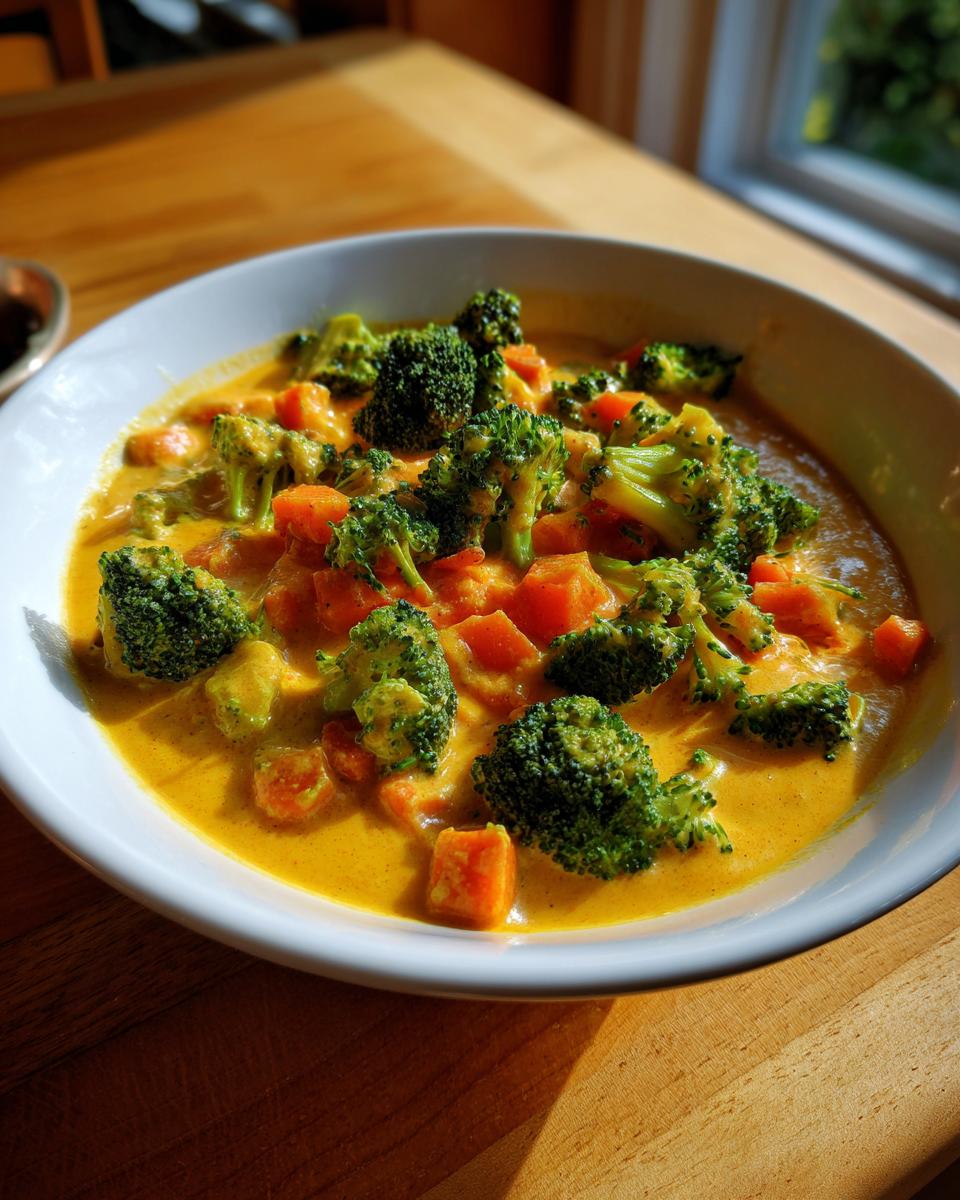 A bowl of vibrant broccoli cheddar soup, featuring chunks of bright green broccoli and orange carrots in a creamy yellow base.