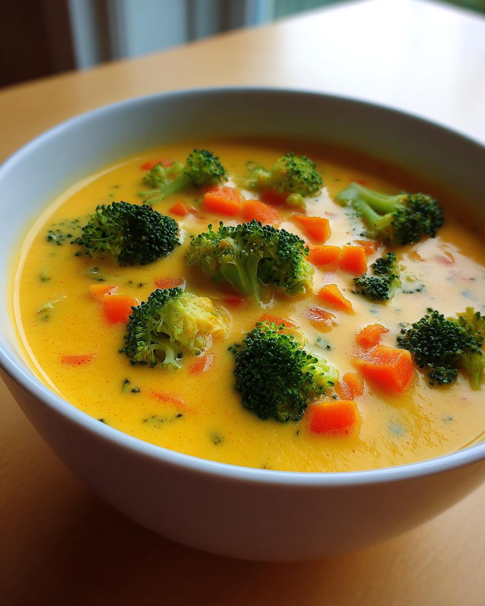 Close-up of a creamy, yellow broccoli cheddar soup topped with bright green broccoli florets and diced carrots in a white bowl.