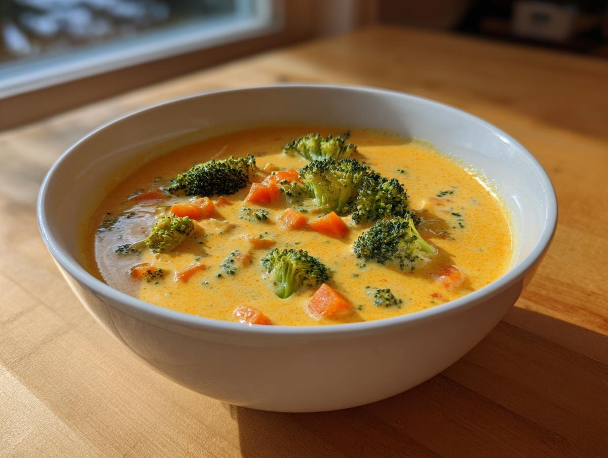 A close-up of a white bowl filled with creamy, orange-yellow broccoli cheddar soup topped with florets and diced carrots.