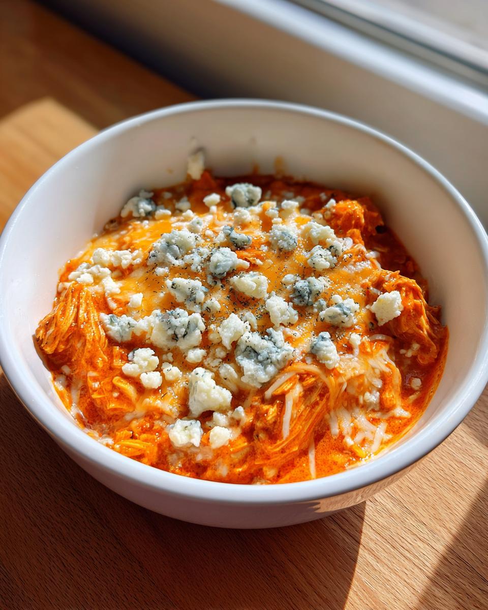 A close-up of a bowl of vibrant orange buffalo chicken chili topped with melted cheese and generous crumbles of blue cheese.