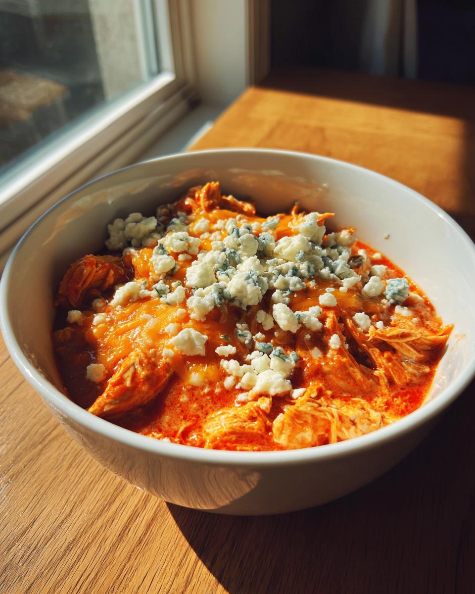 A close-up of a white bowl filled with vibrant orange buffalo chicken chili, topped generously with crumbled blue cheese.