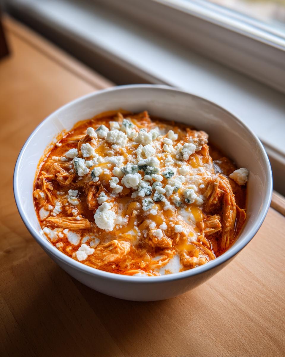 A close-up of a white bowl filled with vibrant orange buffalo chicken chili, topped generously with melted cheese and crumbled blue cheese.