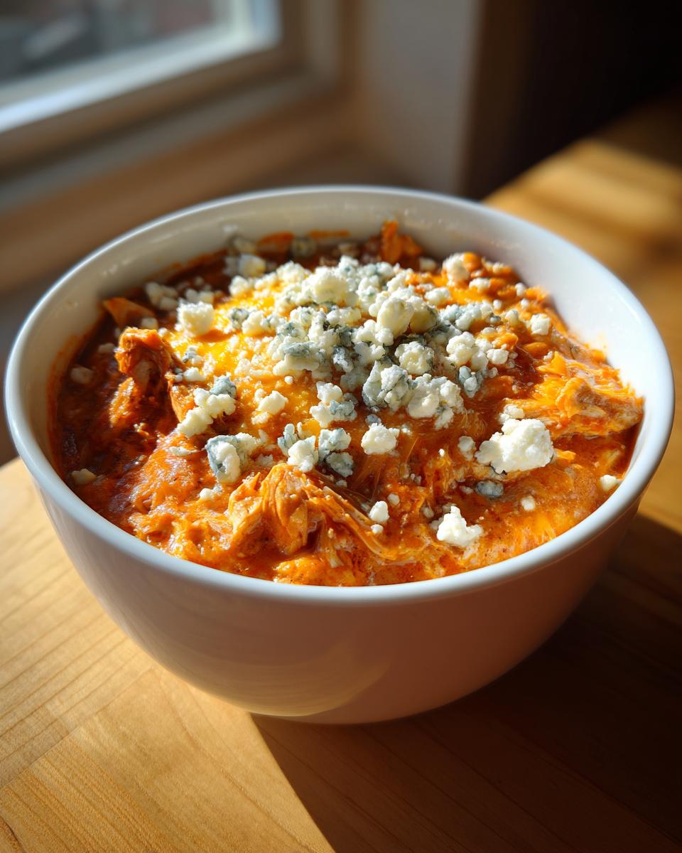 A close-up of a white bowl filled with creamy, orange buffalo chicken chili, generously topped with crumbled blue cheese.