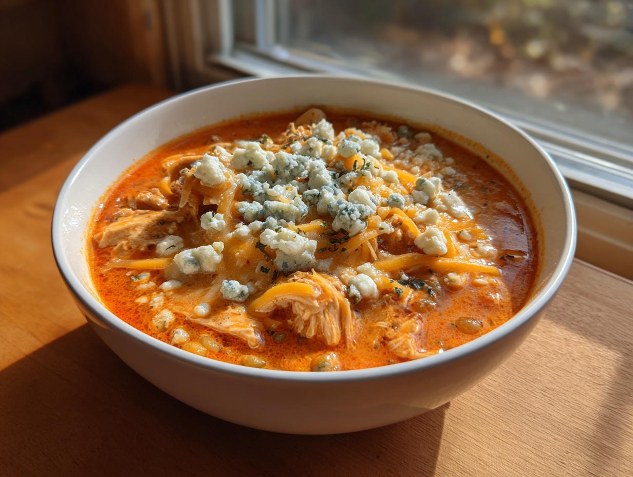 A close-up of a white bowl filled with rich, orange buffalo chicken chili, topped generously with crumbled blue cheese and shredded cheddar.