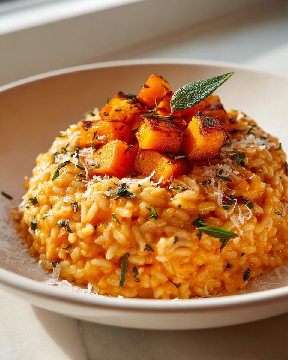 A close-up of creamy, orange-colored butternut squash risotto topped with roasted squash cubes and sage.