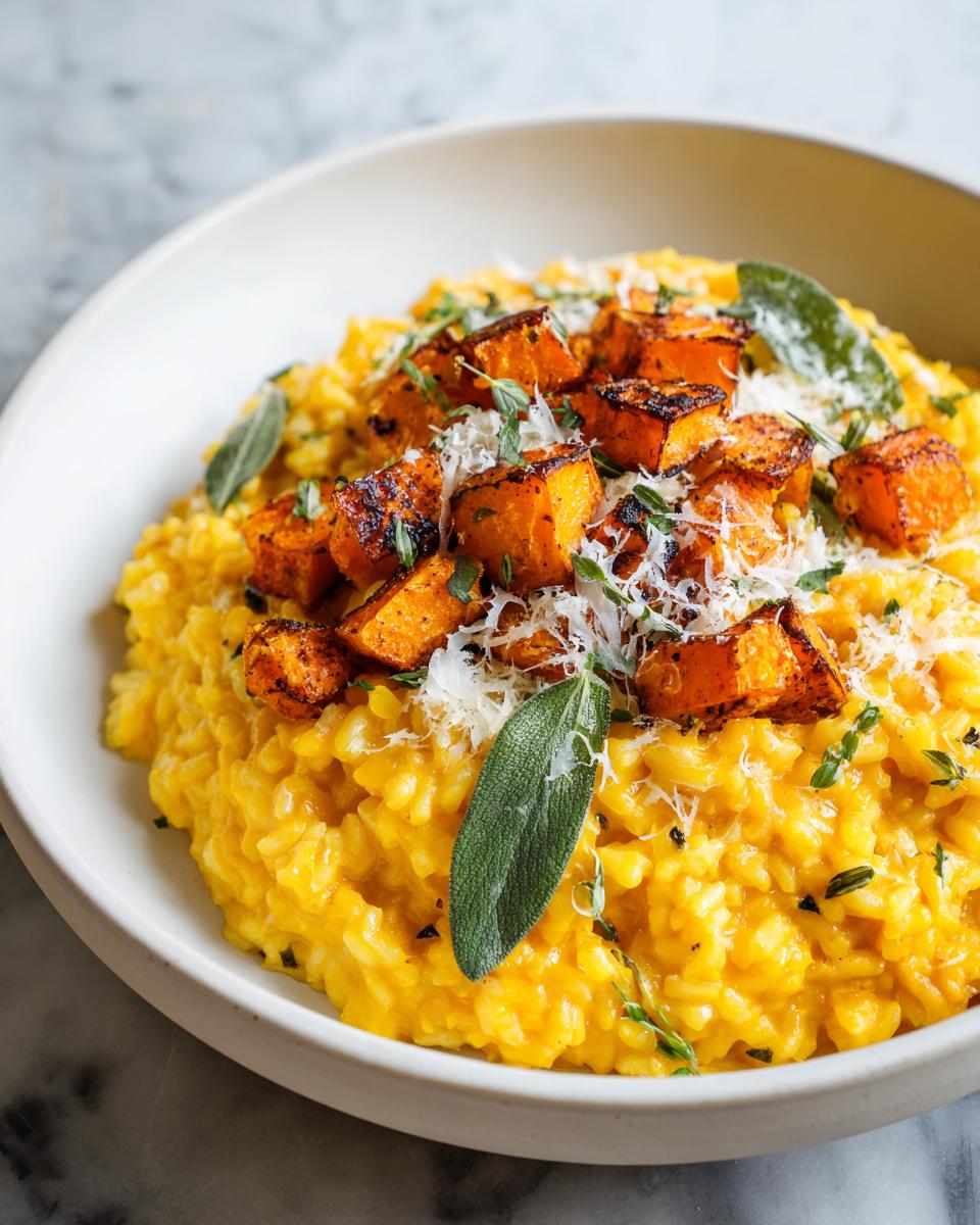 A close-up of creamy, bright yellow butternut squash risotto topped with roasted squash cubes, grated Parmesan, and fresh sage leaves.