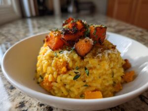 A close-up of creamy butternut squash risotto topped with roasted squash cubes and grated cheese.