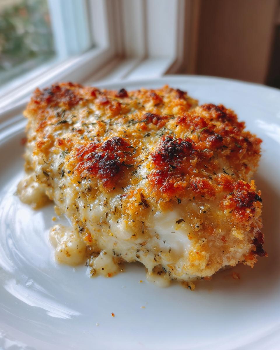 A close-up of a baked caesar chicken breast with a golden, crispy, cheesy topping melting over the white meat.