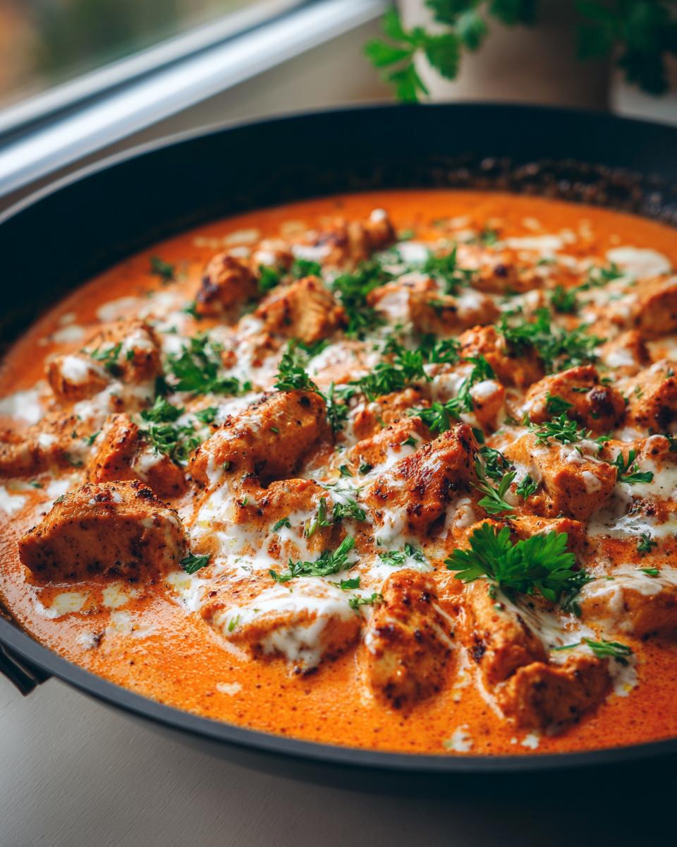 Close-up of seasoned Cajun chicken pieces simmering in a rich, creamy orange sauce, garnished with fresh parsley.
