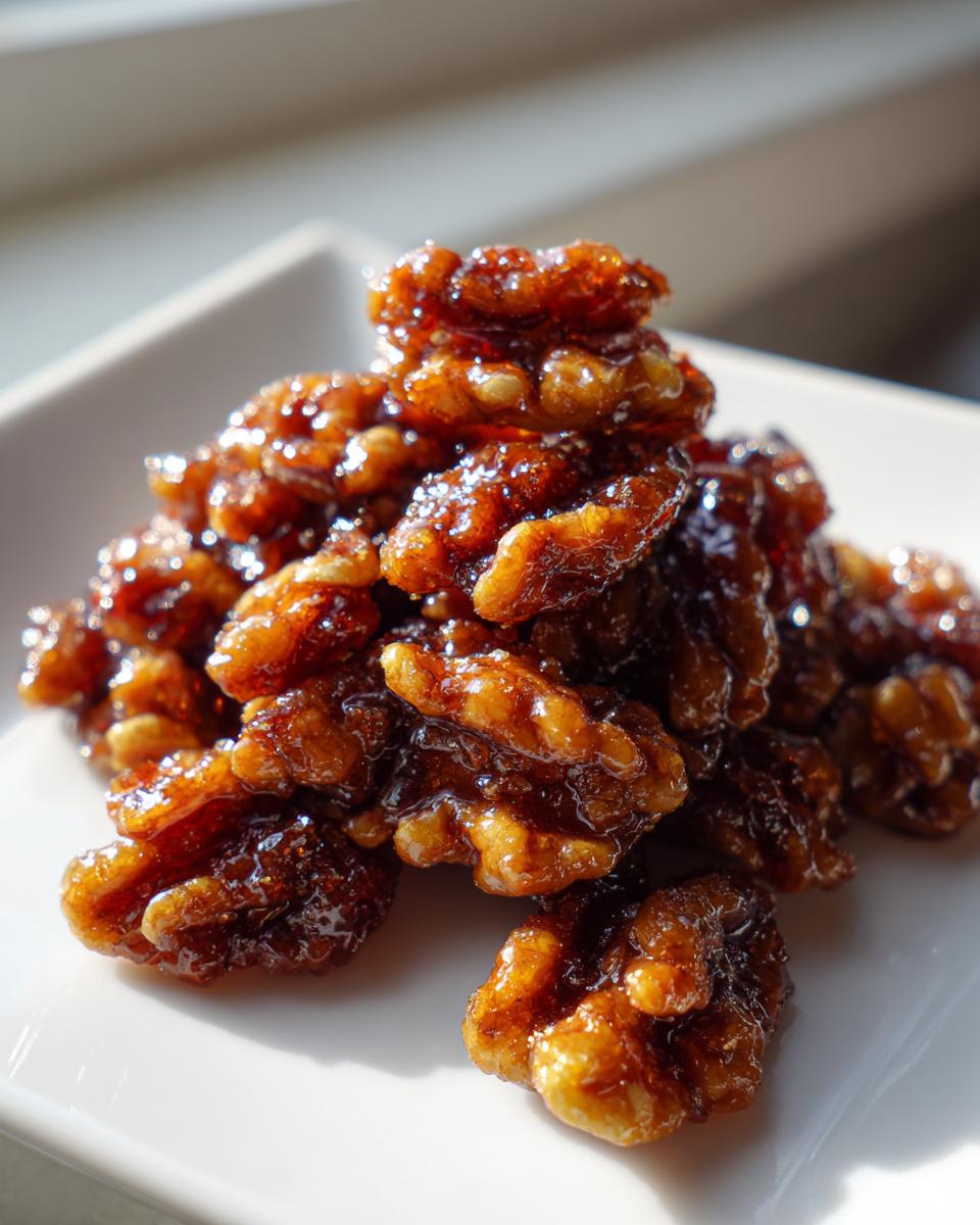 A close-up pile of shiny, caramelized candied walnuts glistening under natural light on a white dish.