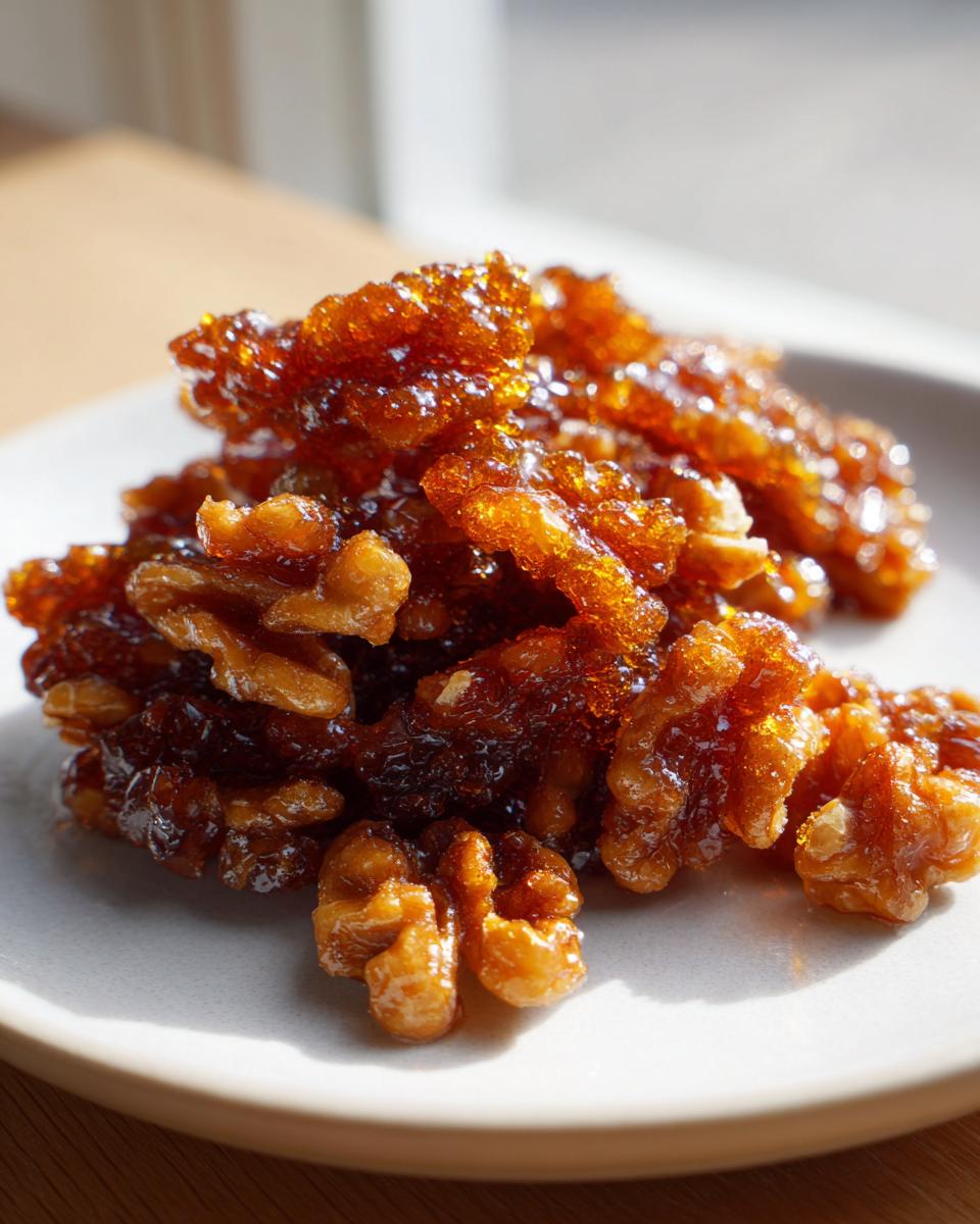 A close-up pile of glossy, amber-colored candied walnuts glistening under natural light.
