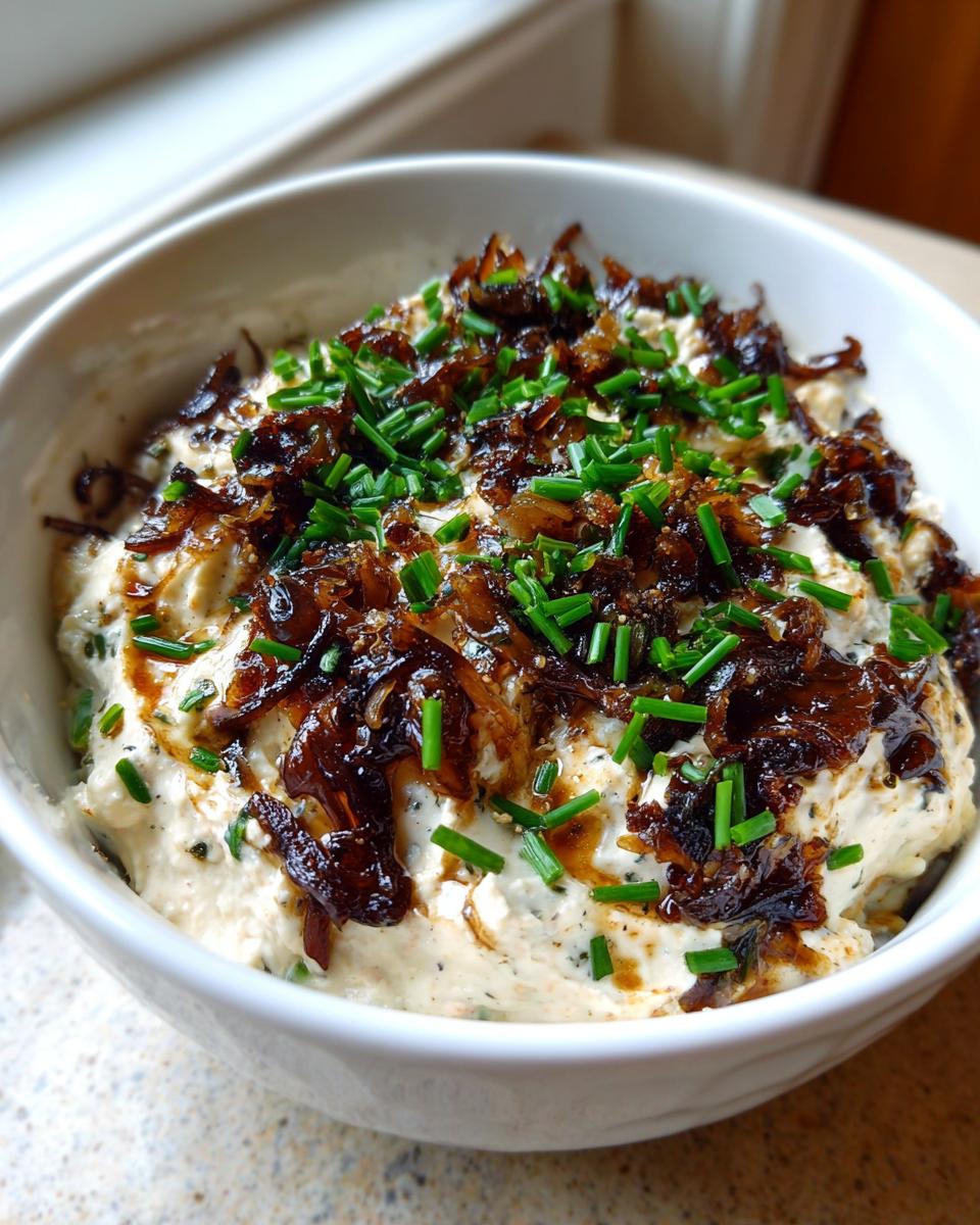A close-up of creamy caramelized french onion dip topped with dark caramelized onions and fresh green chives.