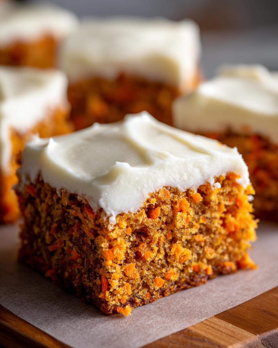 A close-up, mouth-watering shot of a single square of carrot cake bars topped with thick cream cheese frosting.