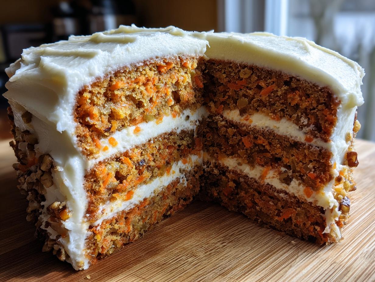 A cross-section view of a moist 3-layer carrot cake layer cake filled and topped with thick cream cheese frosting and covered in chopped nuts.