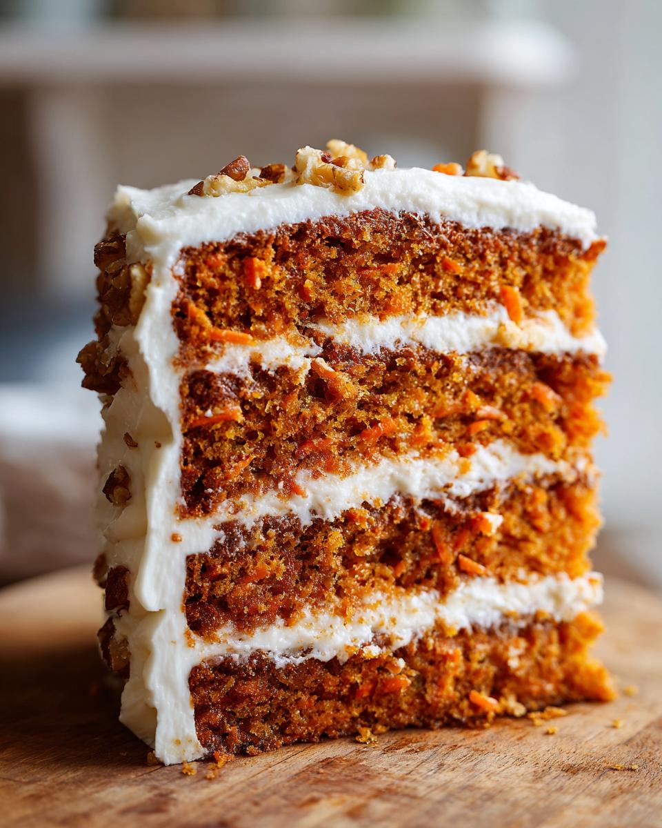 Close-up of a tall slice of moist carrot cake layer cake with cream cheese frosting and chopped walnuts.