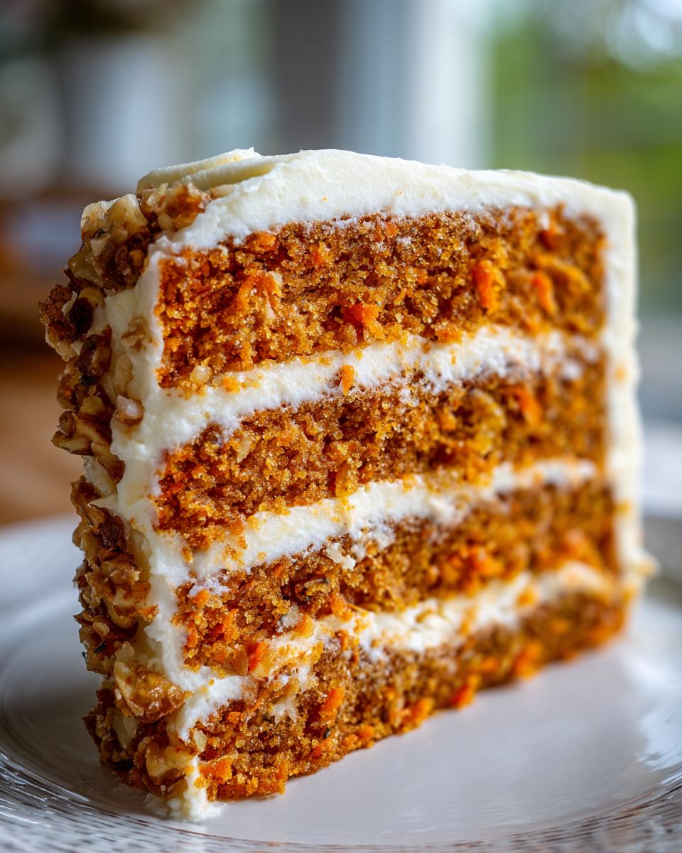 Close-up of a tall slice of carrot cake layer cake with cream cheese frosting and chopped nuts.