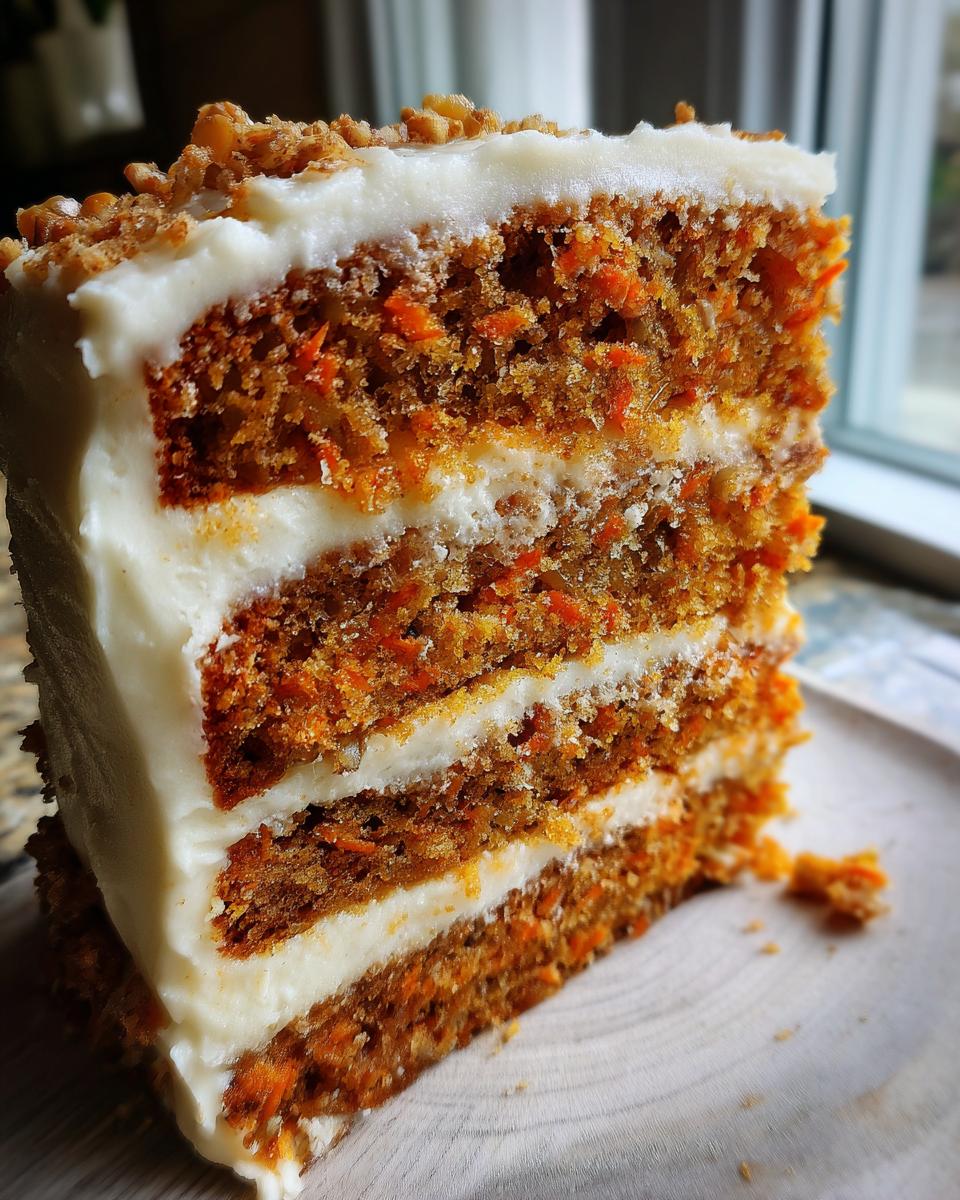 Close-up of a thick slice of moist 3-layer carrot cake layer cake with cream cheese frosting and walnuts.