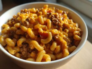 Close-up of a white bowl filled with creamy cheeseburger pasta, featuring elbow macaroni, ground beef, and melted cheddar cheese sauce.