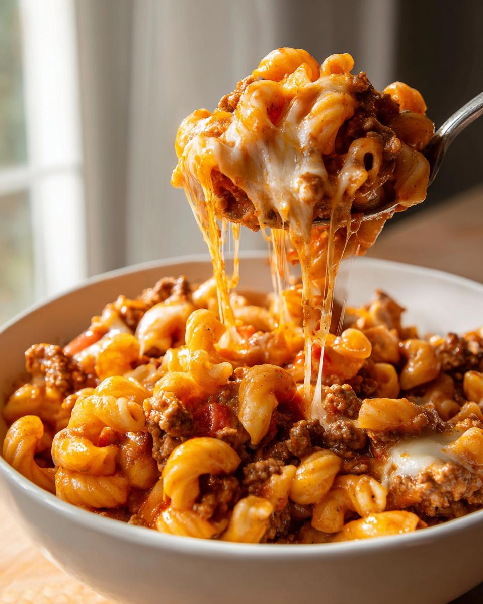 A spoonful of cheesy cheeseburger pasta showing long cheese pulls over a white bowl filled with pasta and ground beef.
