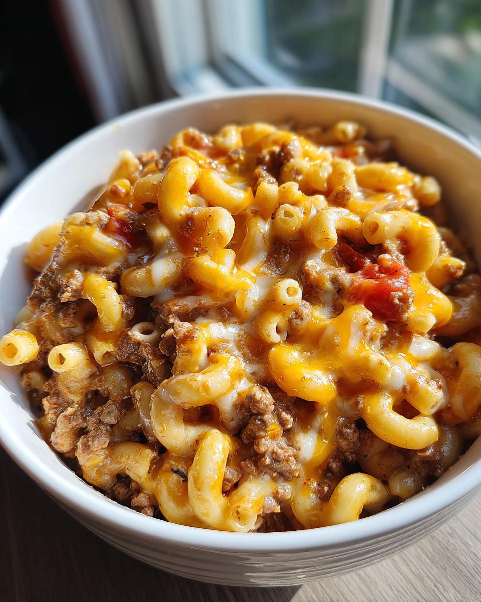 A close-up view of a white bowl filled with creamy cheeseburger pasta, featuring elbow macaroni, ground beef, and melted cheddar cheese.