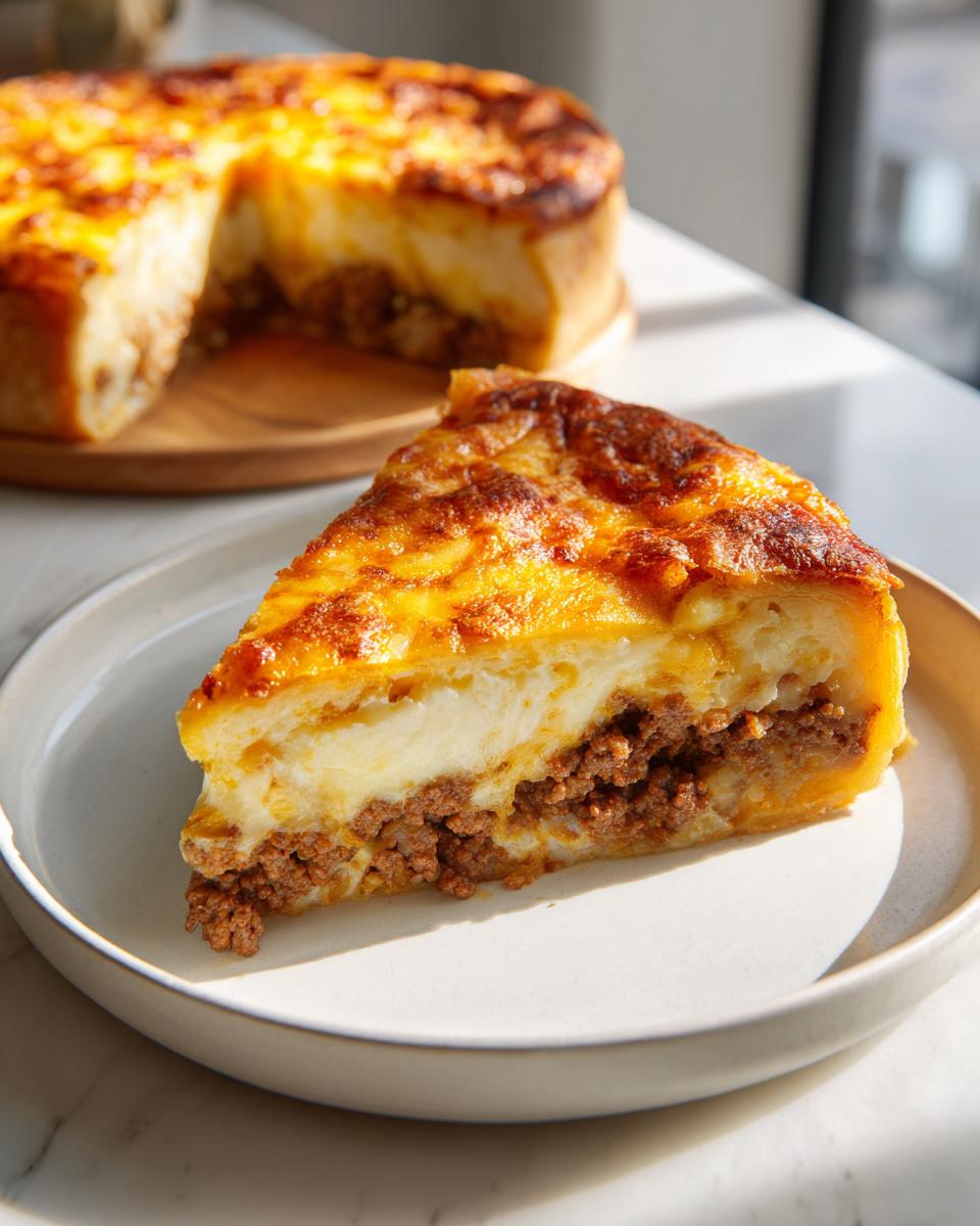 A slice of cheeseburger pie showing layers of ground beef and creamy topping with a golden, baked crust.