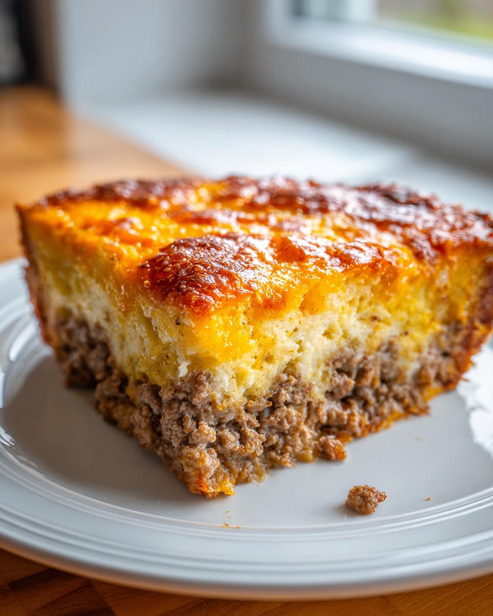 A thick slice of cheeseburger pie showing a ground beef layer topped with a golden, cheesy crust on a white plate.