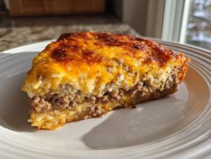 A close-up slice of savory cheeseburger pie showing layers of ground beef and a thick, golden-brown melted cheese topping.
