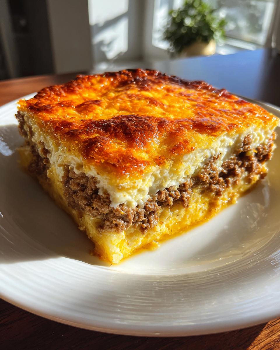 A square slice of cheeseburger pie featuring a golden-brown baked top, a layer of seasoned ground beef, and a bottom crust, served on a white plate.