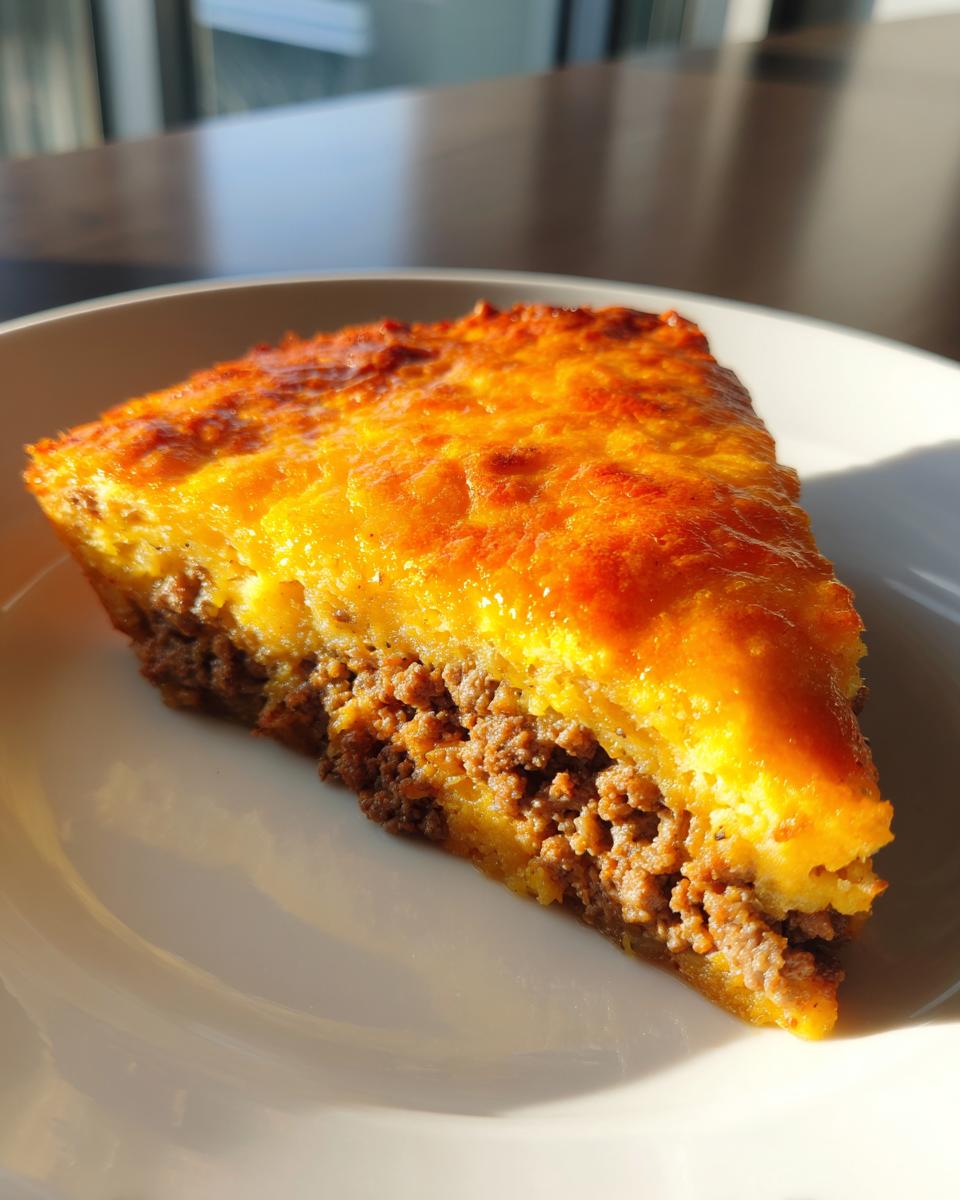 A close-up slice of homemade cheeseburger pie featuring a savory ground beef layer and a golden, baked cheese topping.