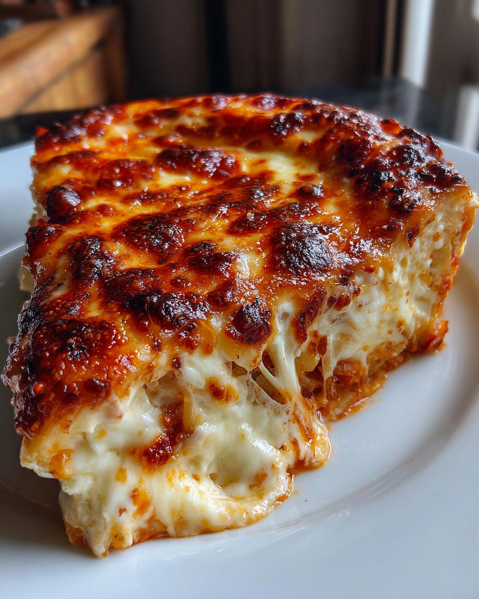 Close-up of a cheesy, baked slice of Monterey chicken spaghetti with melted, browned cheese stretching out.