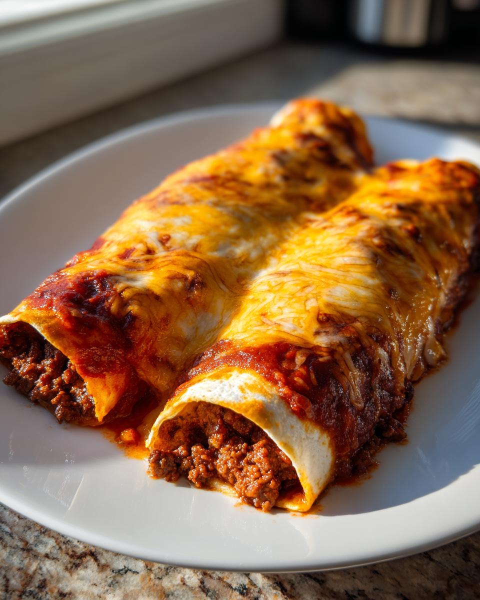 Two delicious beef enchiladas covered in melted cheese and red sauce, showing the seasoned ground beef filling.
