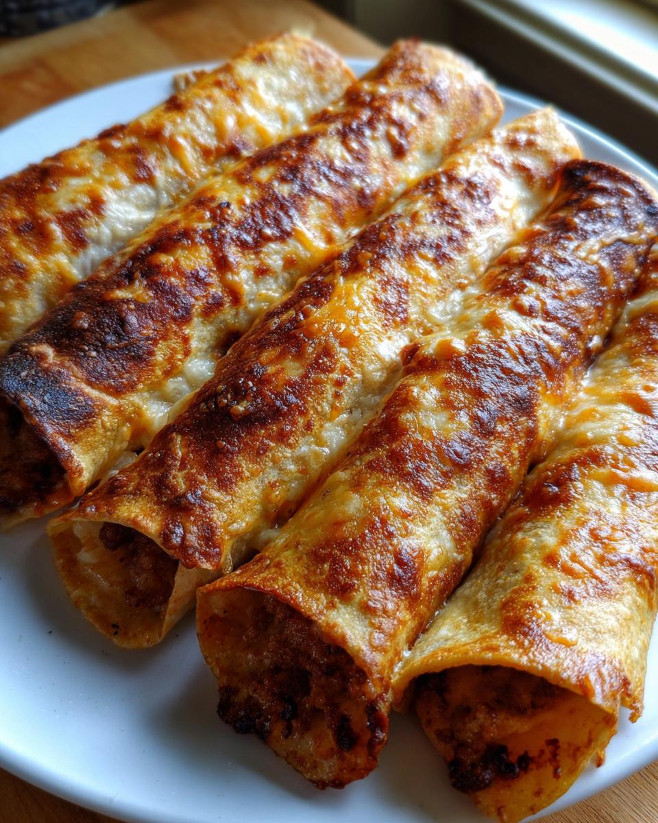 Close-up of four crispy, golden brown cheesy beef flautas topped with melted, slightly browned cheese.