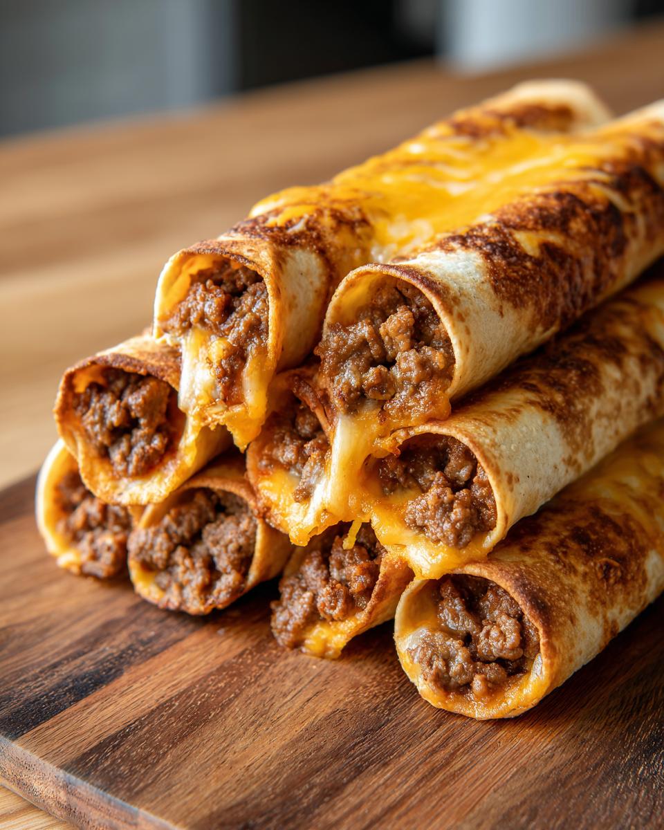 A stack of golden-brown cheesy beef flautas filled with seasoned ground beef and melted cheddar cheese.
