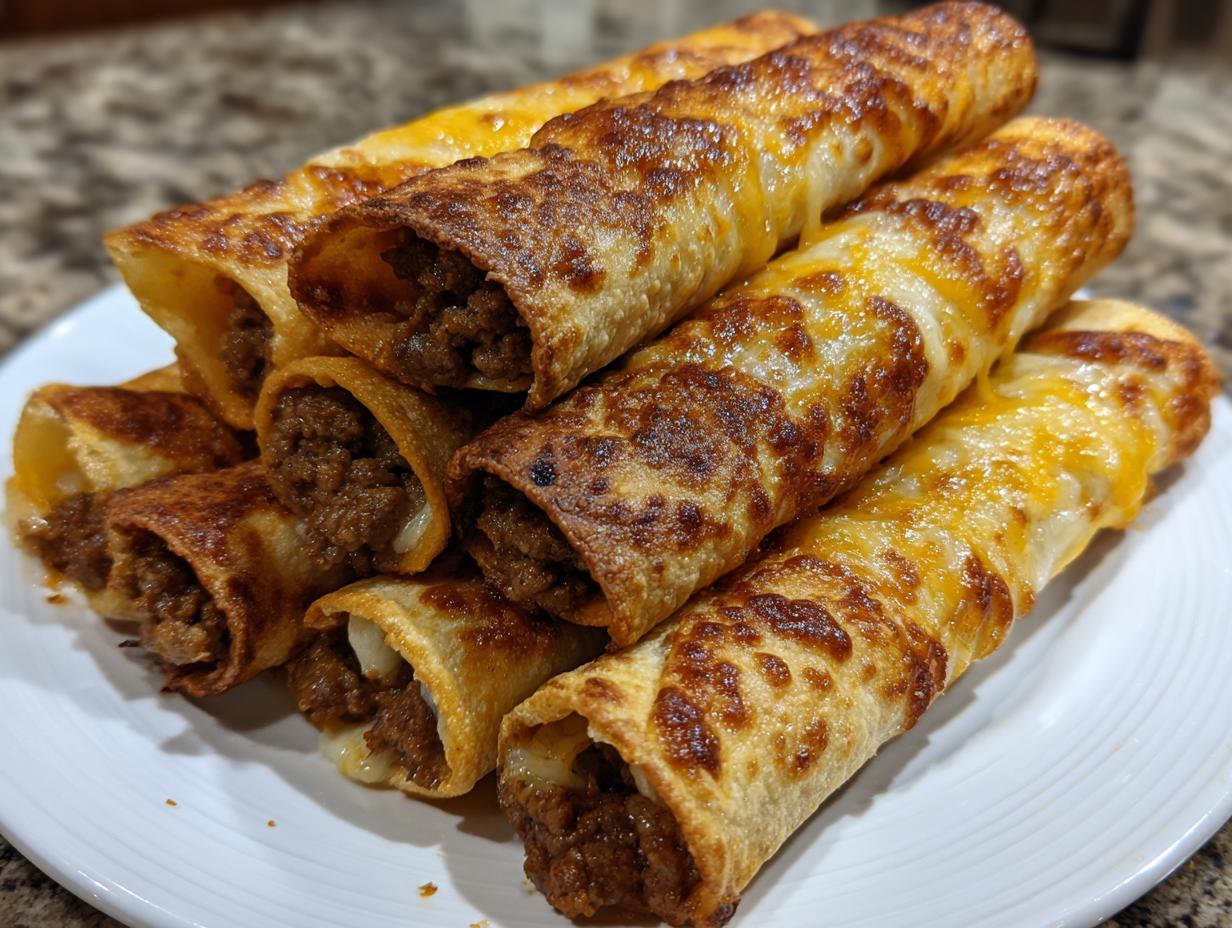 A stack of golden brown, crispy cheesy beef flautas showing the seasoned ground beef filling.