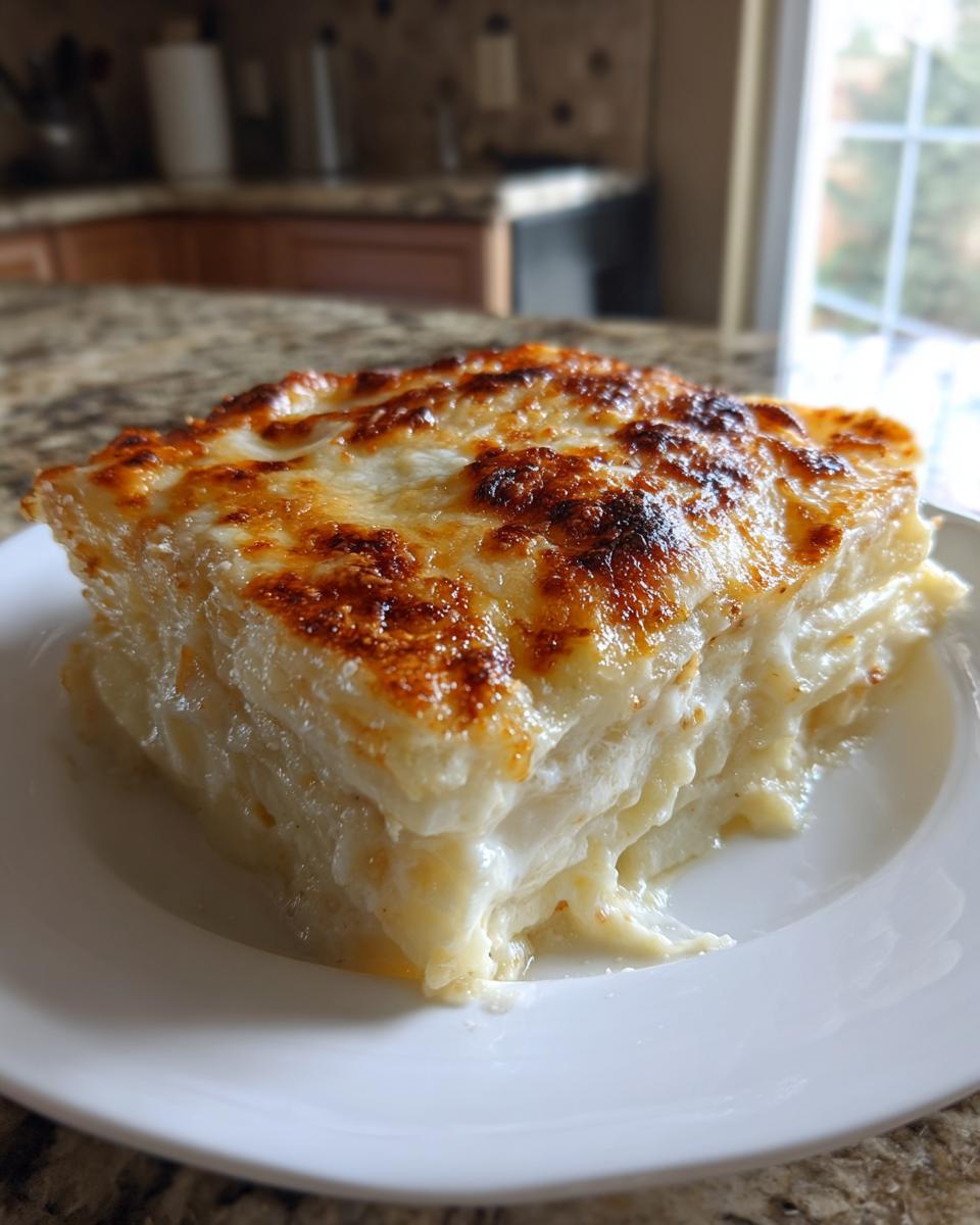 A square serving of cheesy scalloped potatoes recipe with a golden-brown, bubbly top, served on a white plate.