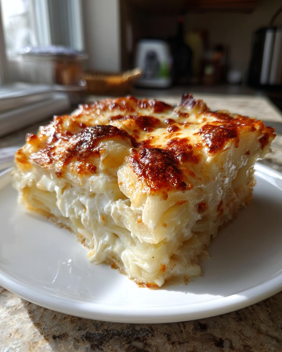 A close-up of a thick, cheesy slice of scalloped potatoes recipe with a golden-brown, bubbly top.