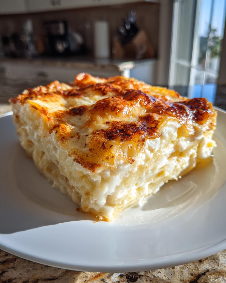 A thick, cheesy slice of scalloped potatoes recipe with a golden-brown, bubbly top, served on a white plate.