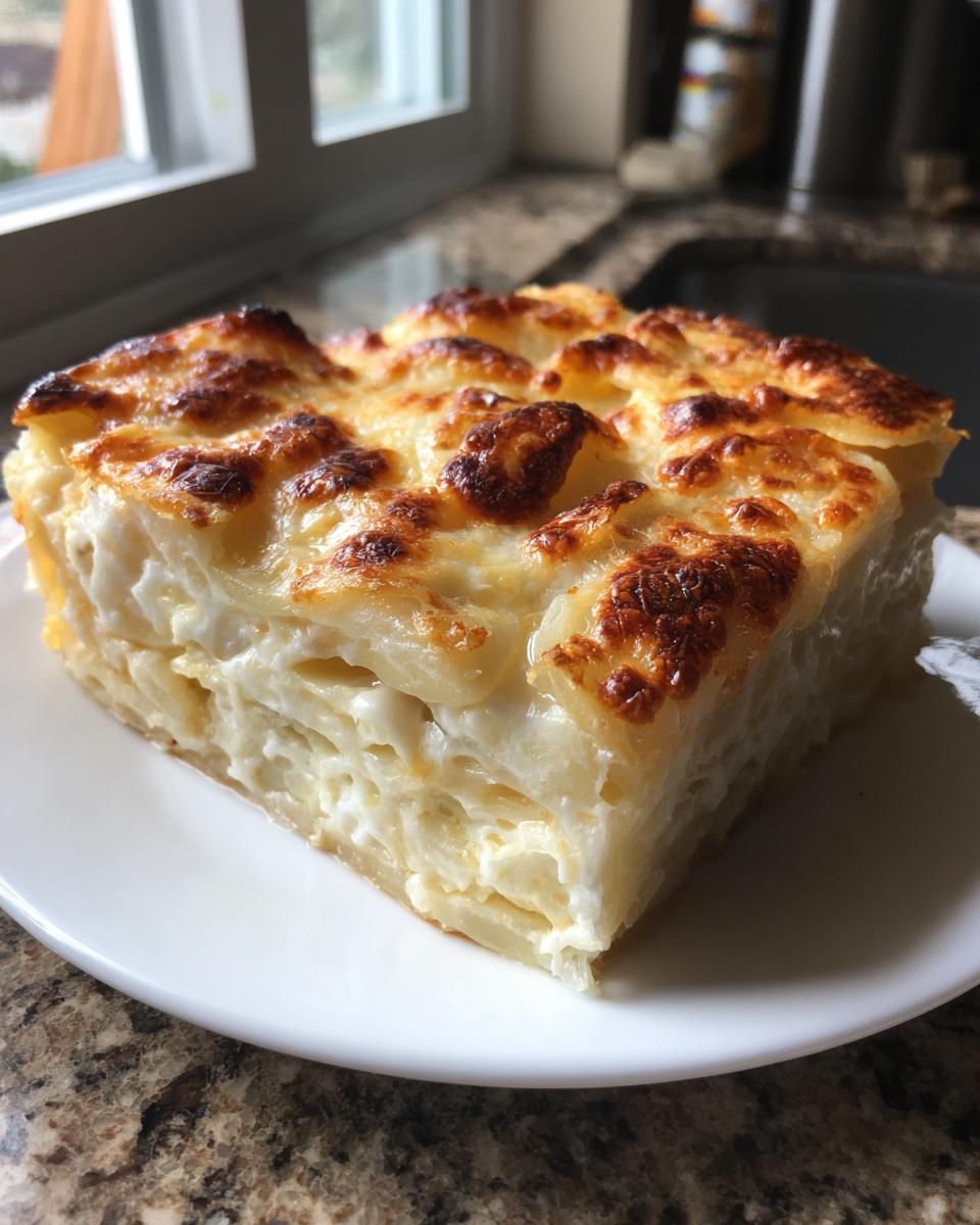 A thick, square slice of cheesy scalloped potatoes recipe with a golden-brown, bubbly top crust.