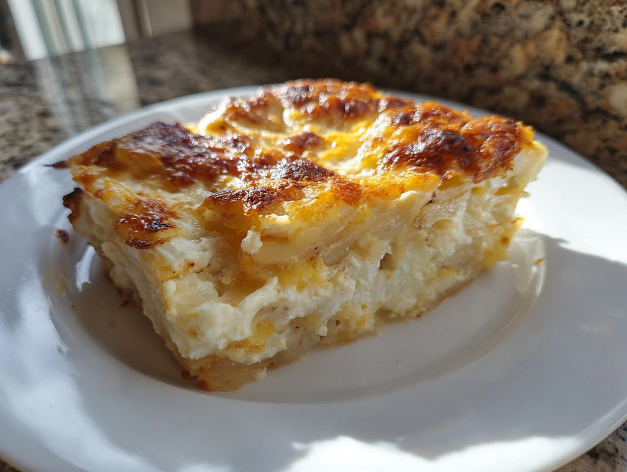 A close-up of a thick, cheesy slice of scalloped potatoes recipe with a golden-brown, bubbly top.