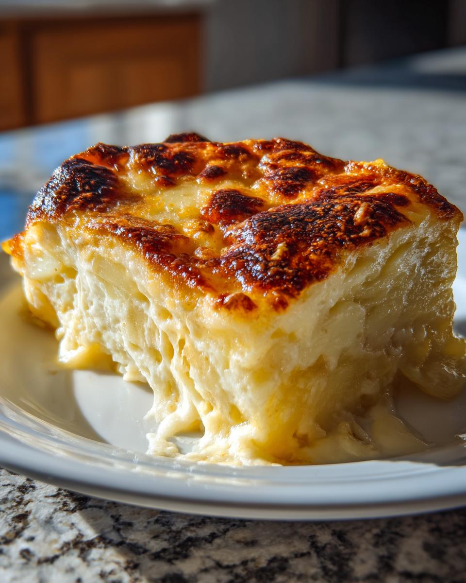 A generous serving of creamy scalloped potatoes with cheese, showing layers and a deeply browned, bubbly top.