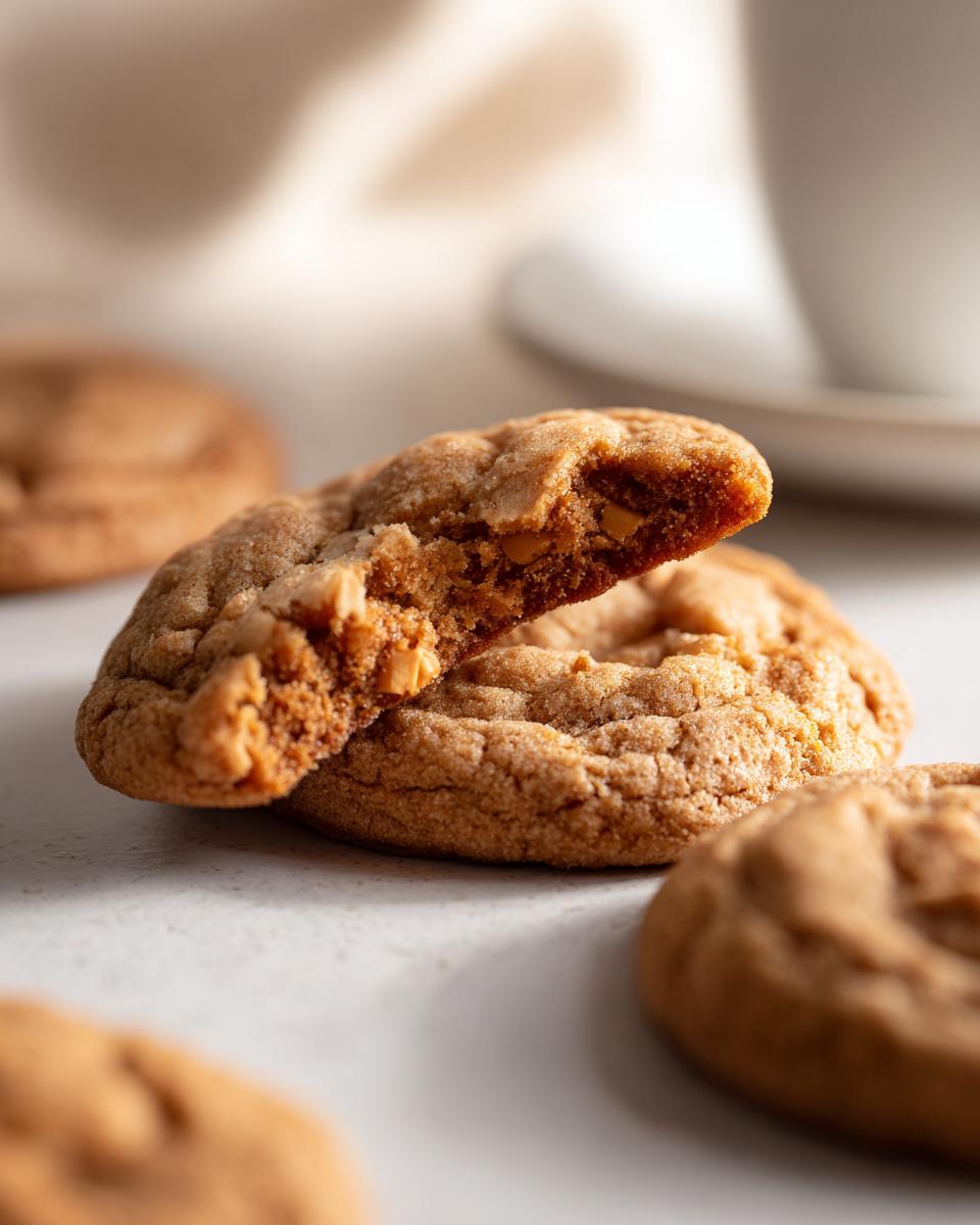 A cinnamon toast crunch cookie broken in half showing a soft, chewy interior and small chunks, with other cookies nearby.