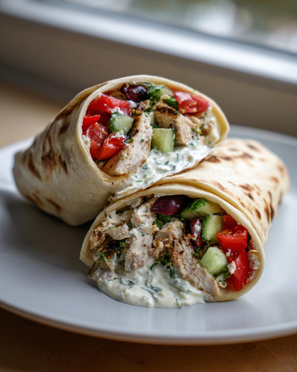 Close-up of a chicken mediterranean wrap cut in half, showing grilled chicken, tomatoes, cucumbers, and creamy tzatziki sauce.
