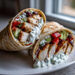 Two halves of a delicious chicken mediterranean wrap overflowing with seasoned chicken, cucumber, peppers, and tzatziki sauce.