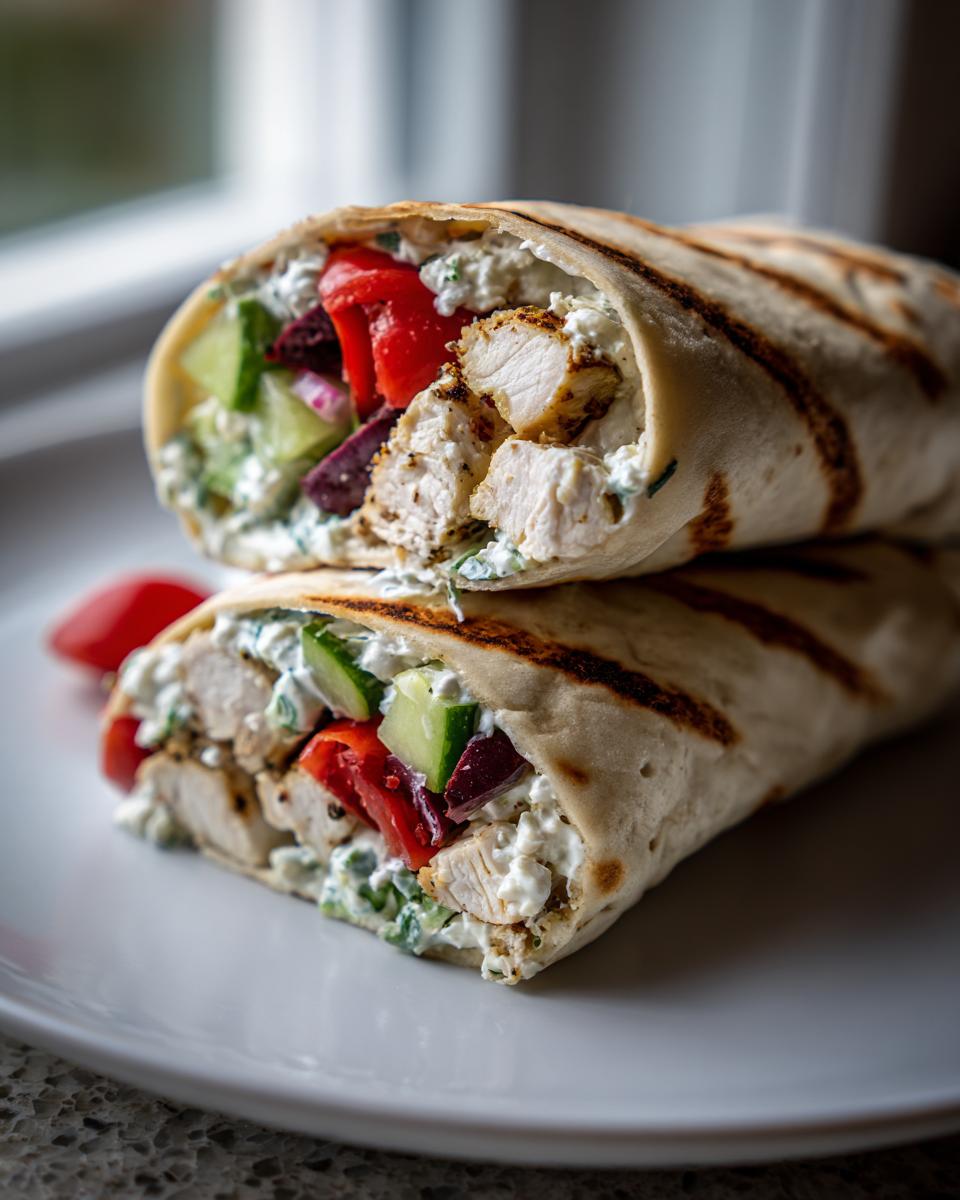 Two halves of a grilled chicken mediterranean wrap stacked, showing chunks of chicken, cucumber, red pepper, and creamy tzatziki sauce.