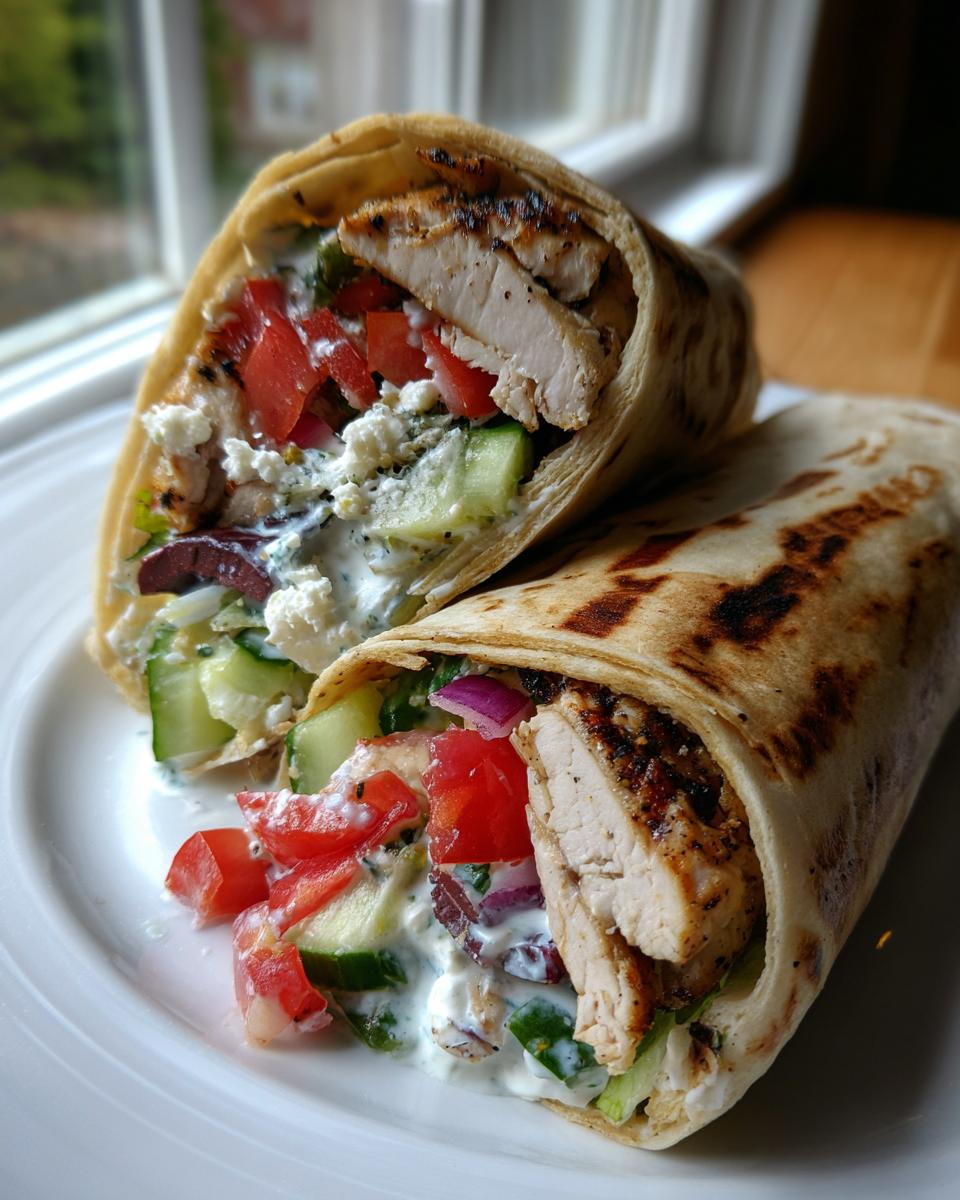Two halves of a grilled chicken mediterranean wrap filled with tzatziki, tomatoes, cucumbers, feta, and olives.