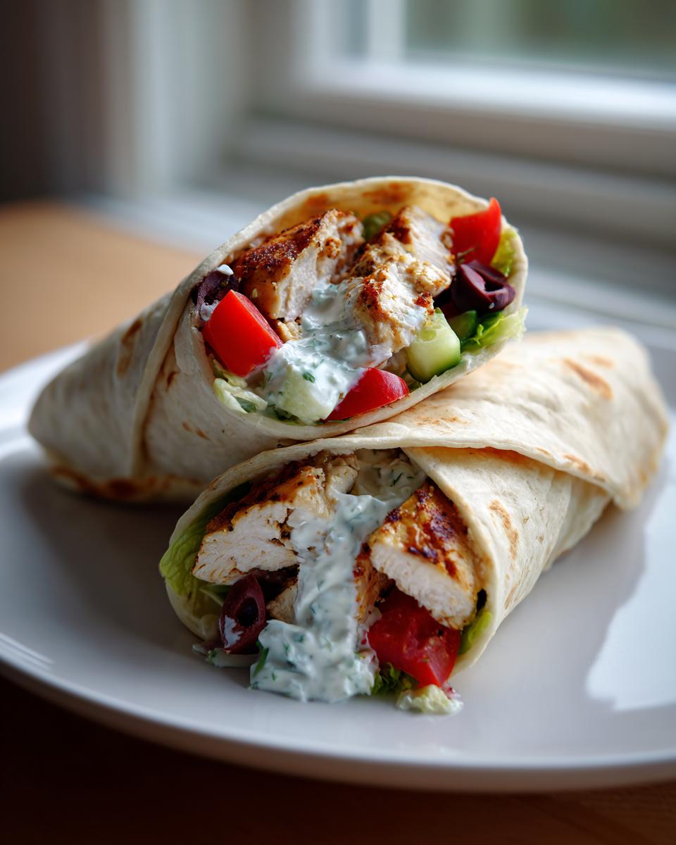 Two halves of a chicken mediterranean wrap showing grilled chicken, tzatziki sauce, tomatoes, and olives inside a soft tortilla.