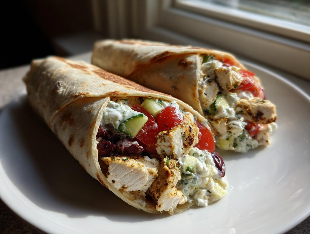 Two halves of a delicious chicken mediterranean wrap filled with grilled chicken, tomatoes, cucumbers, and tzatziki sauce.