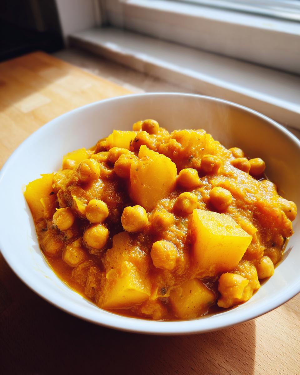A close-up of a steaming bowl of vibrant yellow chickpea and potato curry served on a wooden surface near a window.